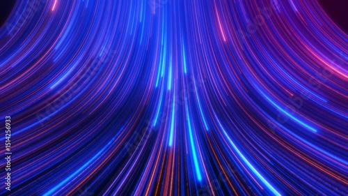 Seamless loop : Dynamic glowing line beams, Colorful glow light trail with particles background.