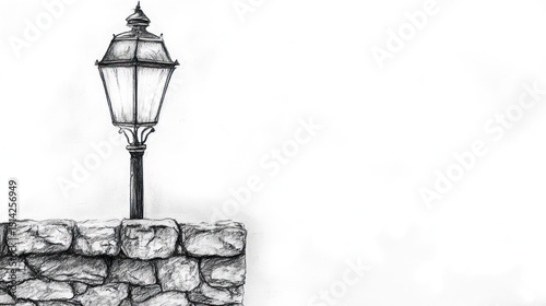 A detailed grayscale drawing of a street lamp on a stone wall