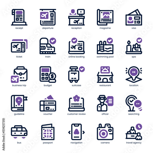 Travel Agency Icon pack for your website, mobile, presentation, and logo design. Travel Agency Icon dual tone design. Vector graphics illustration and editable stroke.