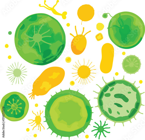 A Vibrant Vector Illustration Displays Various Plankton Shapes And Forms In Bright Green And Yellow Hues Against A Clean White Background