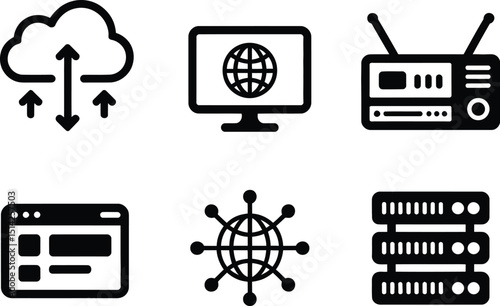 A collection of six black and white icons representing various technologies and network connections