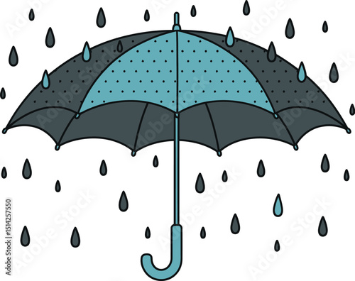 An illustration of an umbrella with raindrops falling around it on a white background illustration