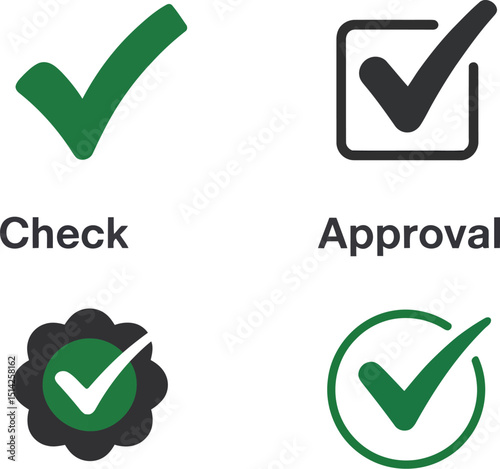 A collection of four different check mark icons displayed on a white background with labels below them