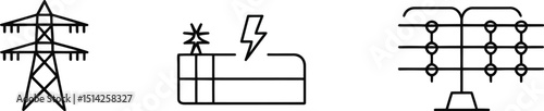 Three minimalist line art icons depicting power transmission and energy infrastructure on a white background