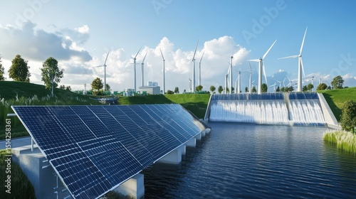 Sustainable energy landscape featuring solar panels, wind turbines and hydro plant