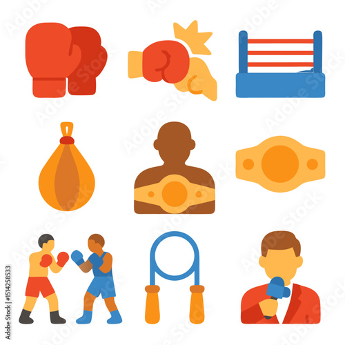 Nine boxingrelated icons suitable for sports websites, digital publications, posters, and presentations for boxing events and promotions.