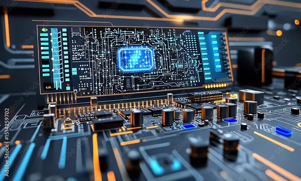 Close-up of a futuristic circuit board with glowing elements and intricate designs, showcasing technology