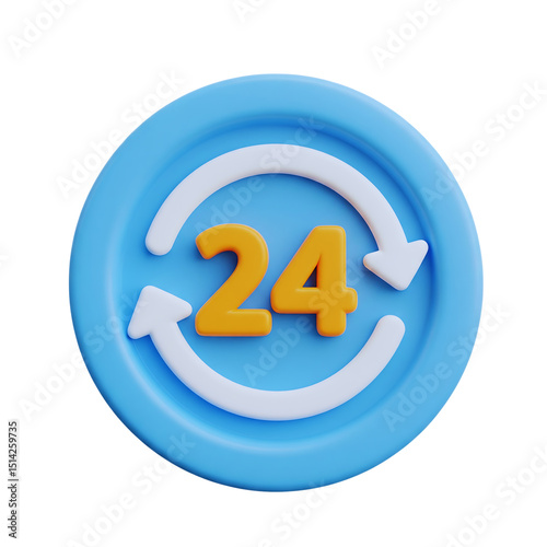 24/7 Availability Icon 3D Render of a Circular Sign Indicating Continuous Service, Support, or Operation. Perfect for Websites, Apps, and Marketing Materials.