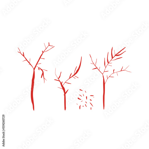 Three red dill sprigs with small grouped dill leaves on white background fresh natural vector art