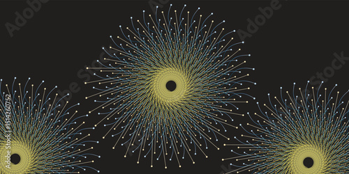 Vivid depiction of a geometric, radiating pattern forming a circular structure,