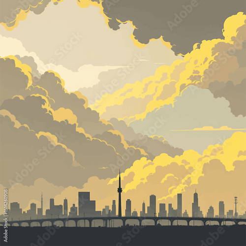 City skyline silhouette under a cloudy sky with golden light shining through