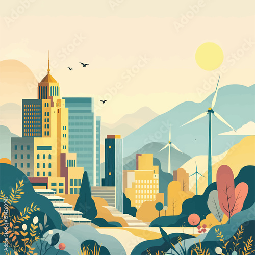 Illustration of a cityscape with buildings, windmills, and nature scene