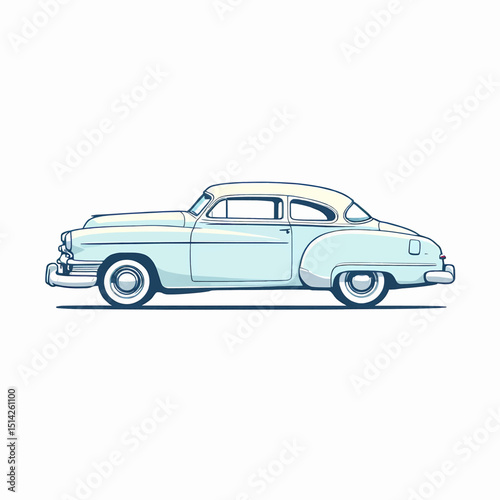 Illustration of a light blue classic car with white roof on white background