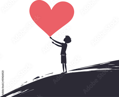 Young boy joyfully holding a large heart symbol against a minimalist background.