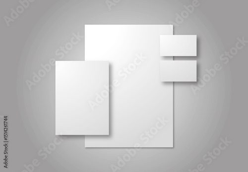 3D rendering of the set of blank business printing is isolated on minimal dark grey background, for brand identity mockup, communication design showcase, poster, book, poster or namecard presentation.