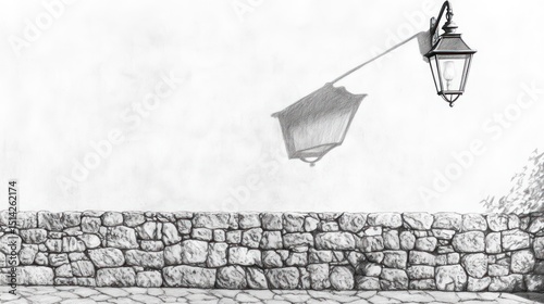 A grayscale sketch of a stone wall and lamp