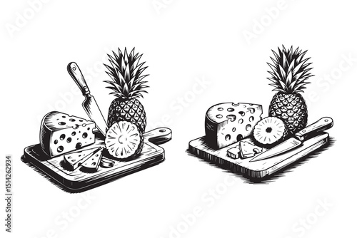 Set of Wooden Board with Assorted Cheeses and Crackers Vector Illustration on White Background