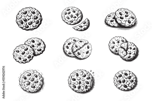Set of Oatmeal Raisin Cookies Coloring Book Vector Designs on White Background