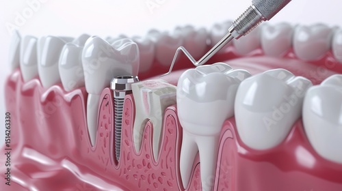 Highly detailed 3D render of a root canal treatment in progress showing precision tools at work sterile white background
