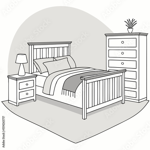 Modern bedroom furniture set simple line drawing illustration