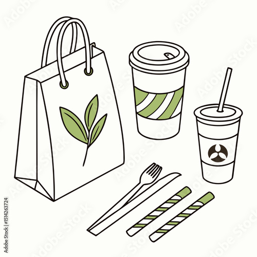 Eco friendly takeout food package illustration  paper bag coffee cup straws cutlery