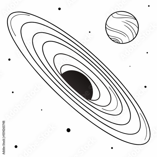 Black and white illustration of a galaxy and planet