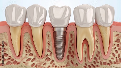 Highly detailed cross section of a dental implant fusing with the jawbone realistic medical style background