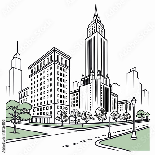 Cityscape illustration tall building street trees urban landscape design