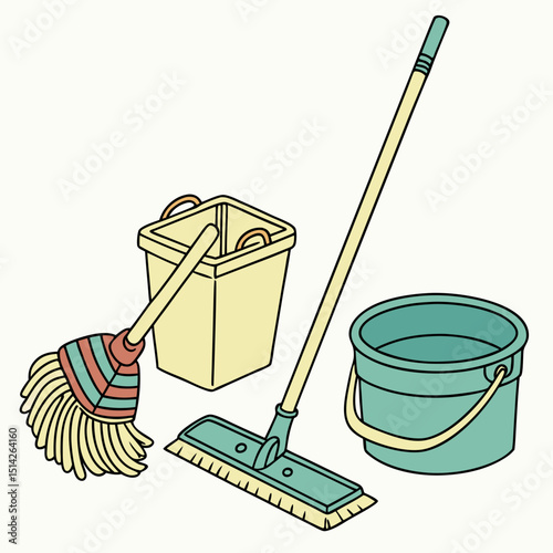 Cleaning supplies mop bucket and scrub brush cartoon illustration