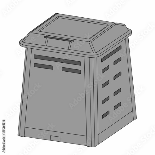 Grey outdoor storage container with hinged lid and ventilation slots