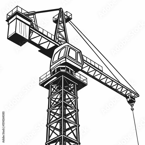 Tower crane illustration black and white construction machinery