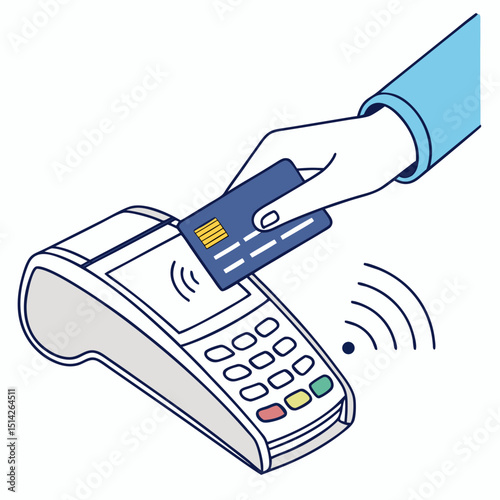 Contactless payment hand holding credit card near pos terminal