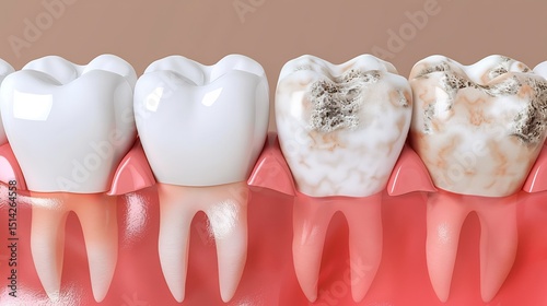 High quality 3D illustration of dental plaque and tartar buildup on teeth before and after cleaning