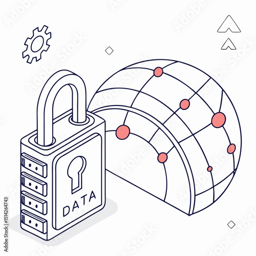 Global data security network protection lock isometric illustration