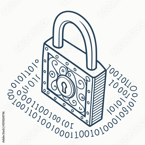 Isometric illustration of a padlock surrounded by binary code representing data security and encryption