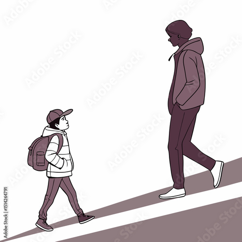 Boy and adult walking away from each other on a path