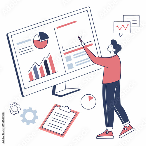Business analyst reviewing monthly report on computer screen, document and graphs around, 

