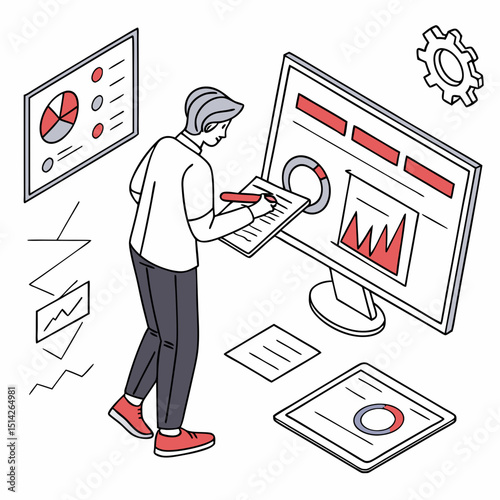 Business analyst reviewing monthly report on computer screen, document and graphs around, 
