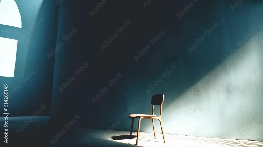 Single empty chair against aged blue wall in spotlight. Interior scene of sparse room with bright light, dark mood. Minimalist composition.