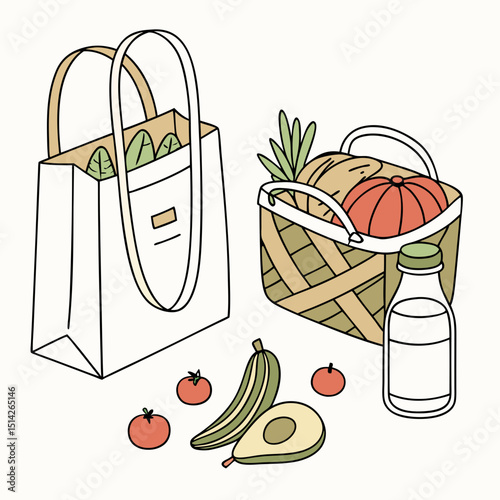 Grocery shopping bag basket produce milk healthy food