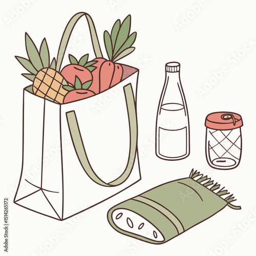 Reusable tote bag groceries healthy food drink picnic blanket