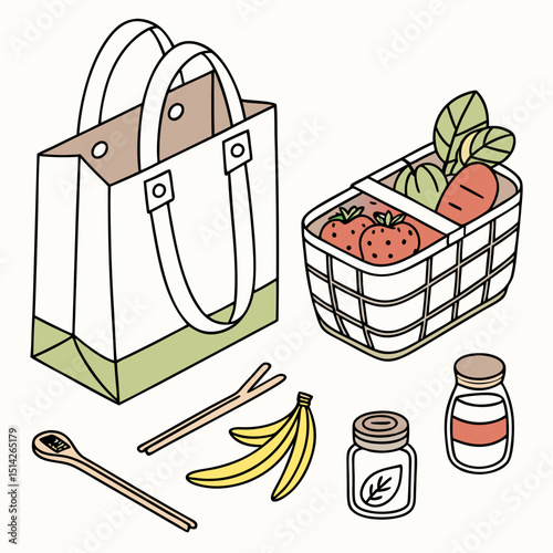 Tote bag picnic basket fresh produce bananas chopsticks jars