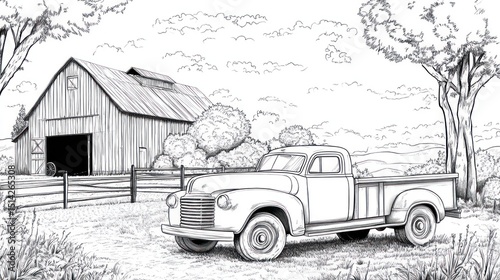 Simple black and white illustration of a vintage pickup truck parked near a barn in a rural landscape