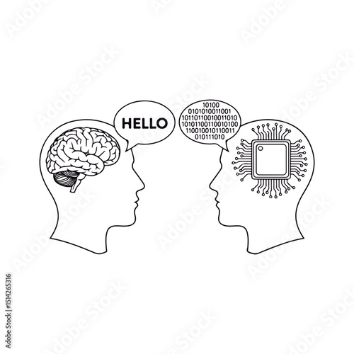 Binary Code and Human Language Dialogue. Human vs AI Brain.

