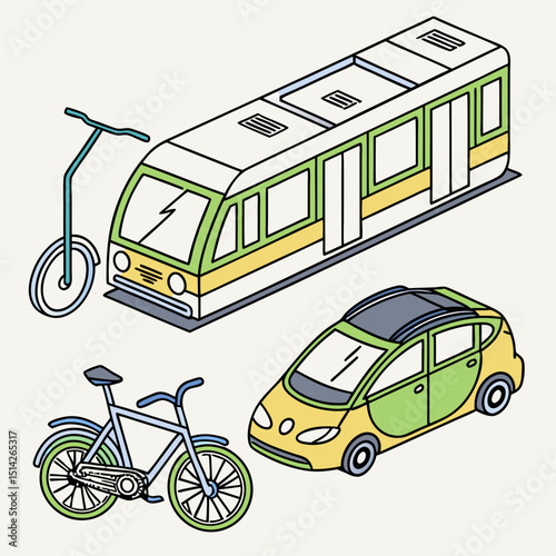 Isometric illustration of train bicycle scooter and car