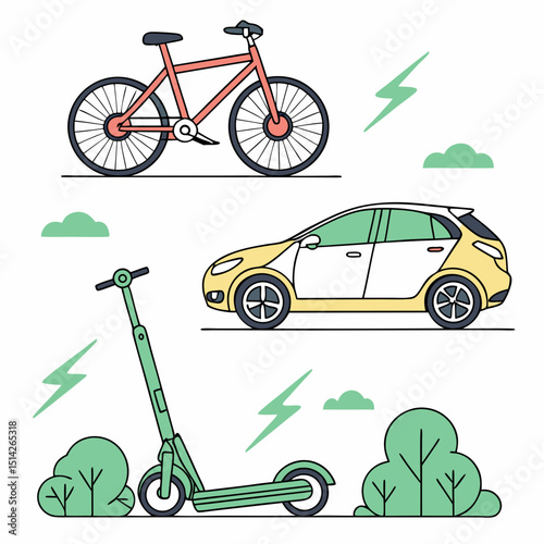 Eco-friendly transportation options bicycle electric scooter car green energy sustainable mobility