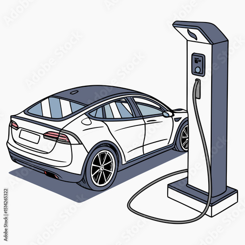 White electric car charging at a charging station
