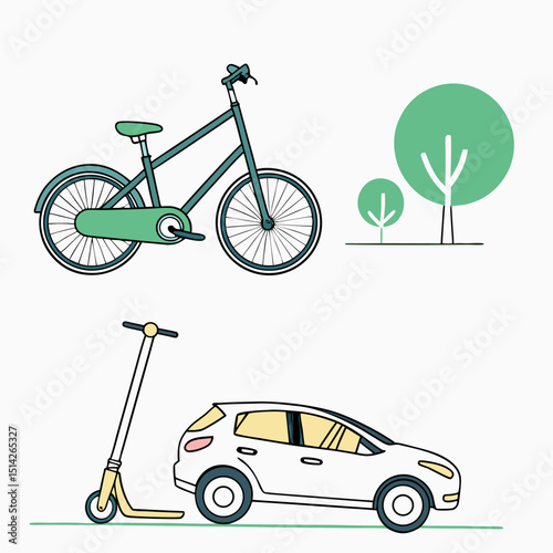 Green bicycle scooter white car urban transportation eco friendly commute