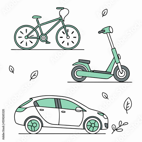 Eco-friendly transportation bicycle scooter electric car green leaves
