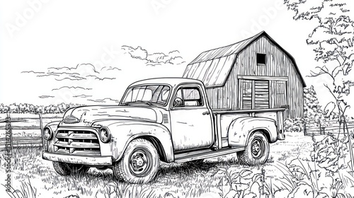 Vintage truck parked beside a barn